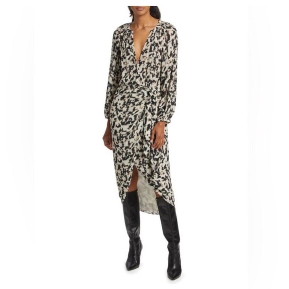 Rails Tyra Blurred Cheetah V Neck Faux Wrap Tie Side Midi Dress Size XS‎